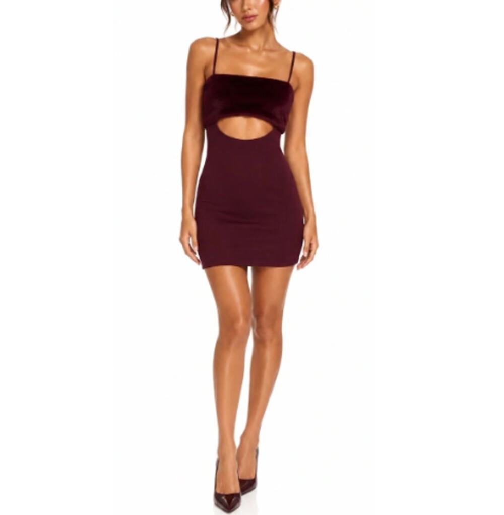 New NAKED WARDROBE Women’s Wine color Faux Fur Cut Out Bodycon Mini Dress Size M
